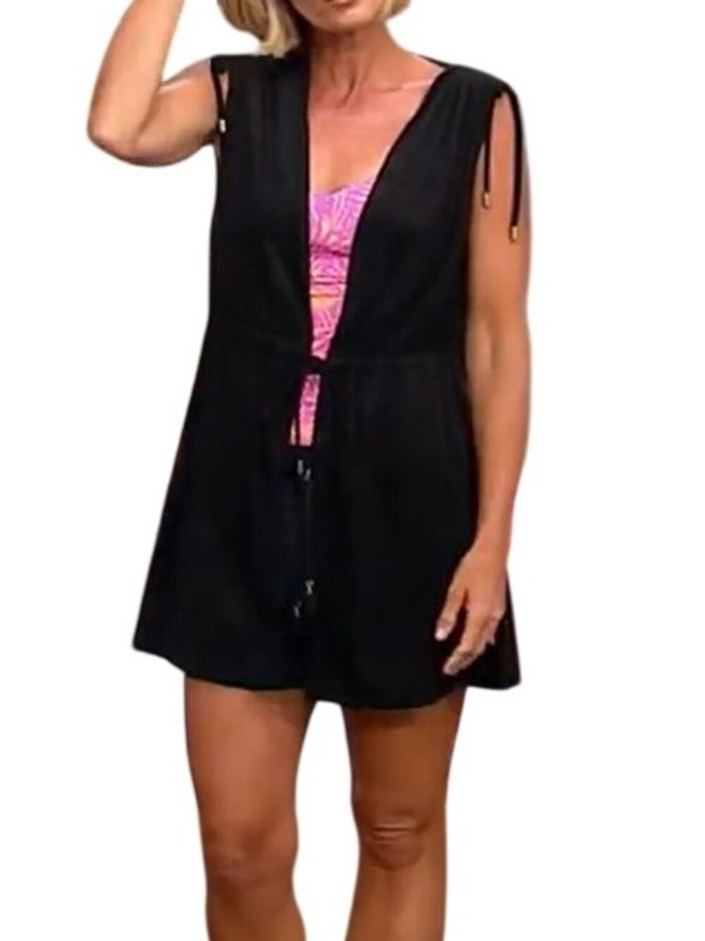 Jantzen Cover Up Large French Terry Sleeveless Tie Front Black Beach Resort NEW